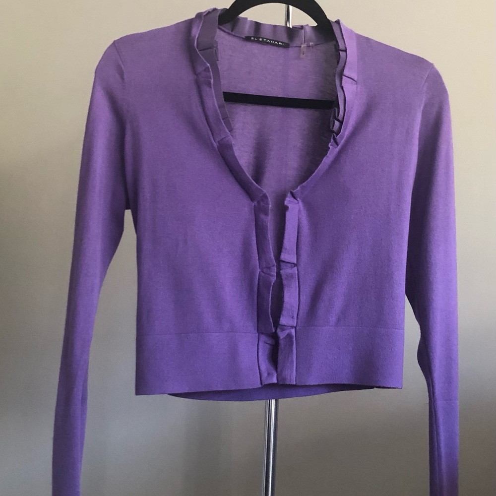 Elie Tahari silk/cashmere, ruffle-open-front sweater with grosgrain detail